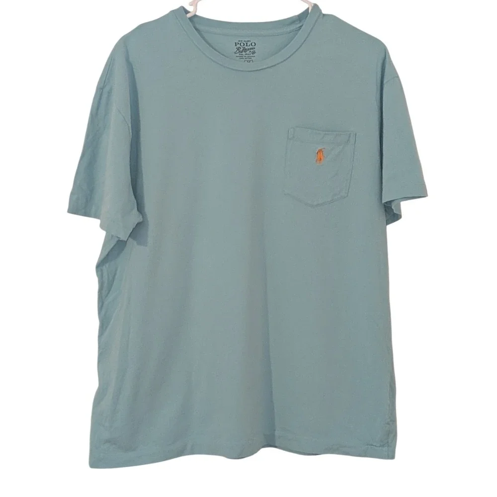 Polo Ralph Lauren Mens Medium Light Blue Pocket T-Shirt Orange‎ Pony Logo Cotton